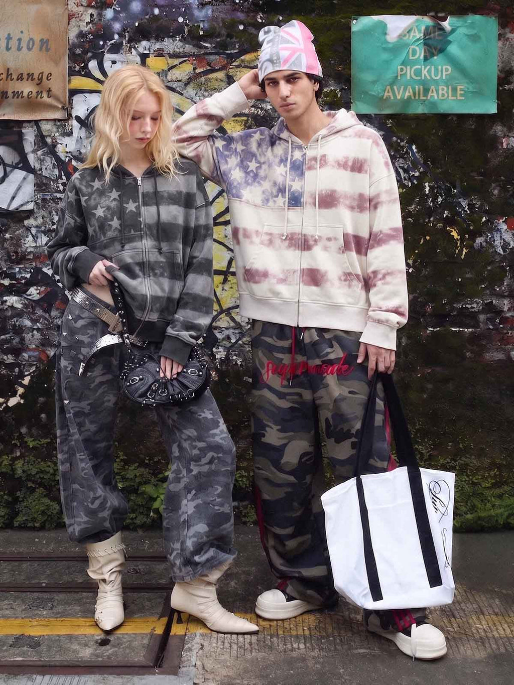 Distressed Star Stripe Graphic Zip-Up Hoodie