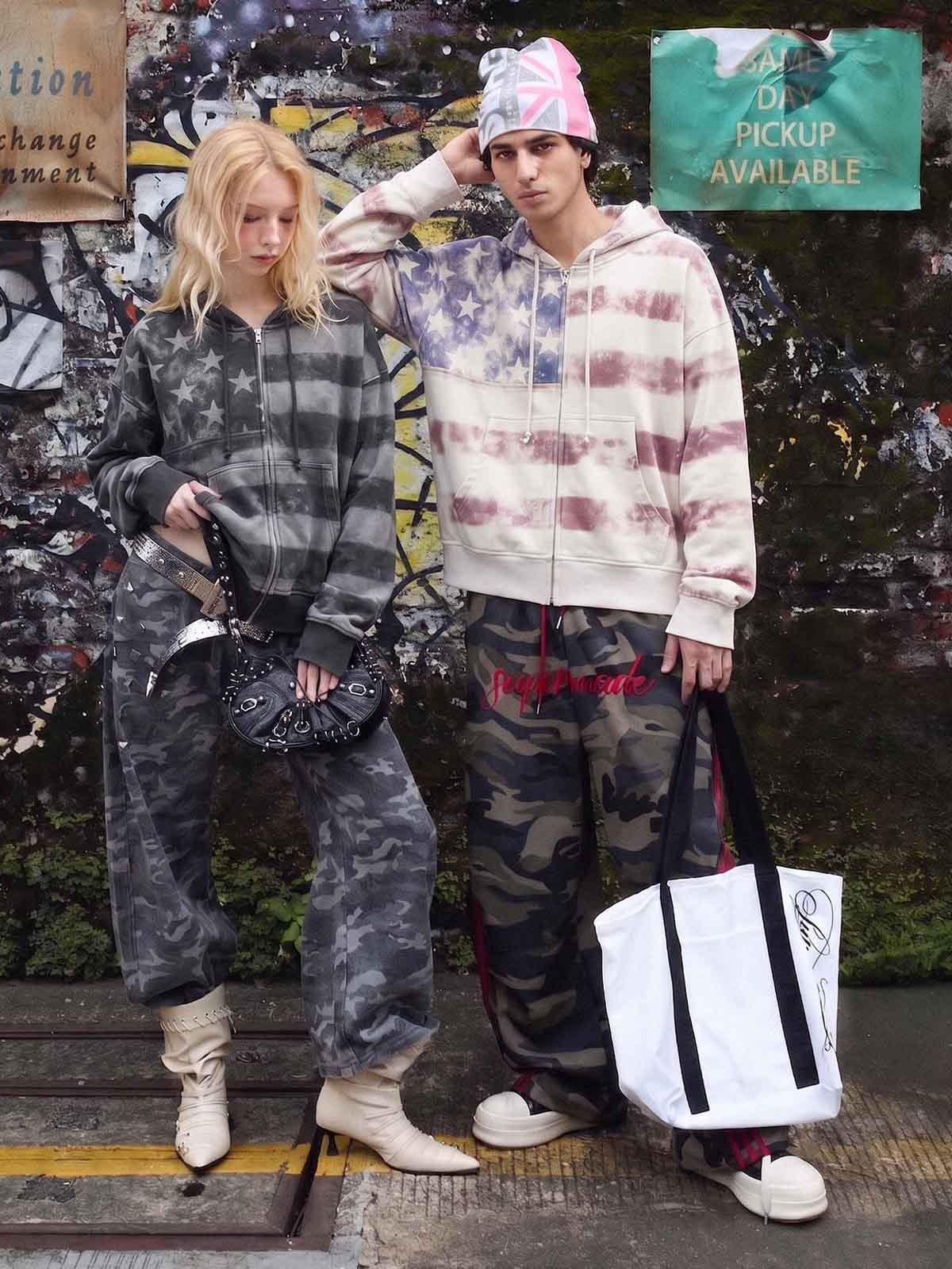 Distressed Star Stripe Graphic Zip-Up Hoodie