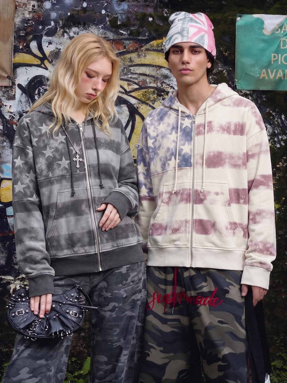 Distressed Star Stripe Graphic Zip-Up Hoodie