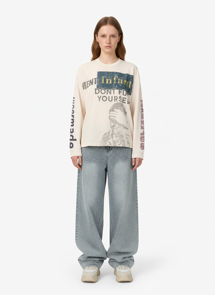 Waffle Knit Graphic Print Crewneck Sweatshirt - 2496