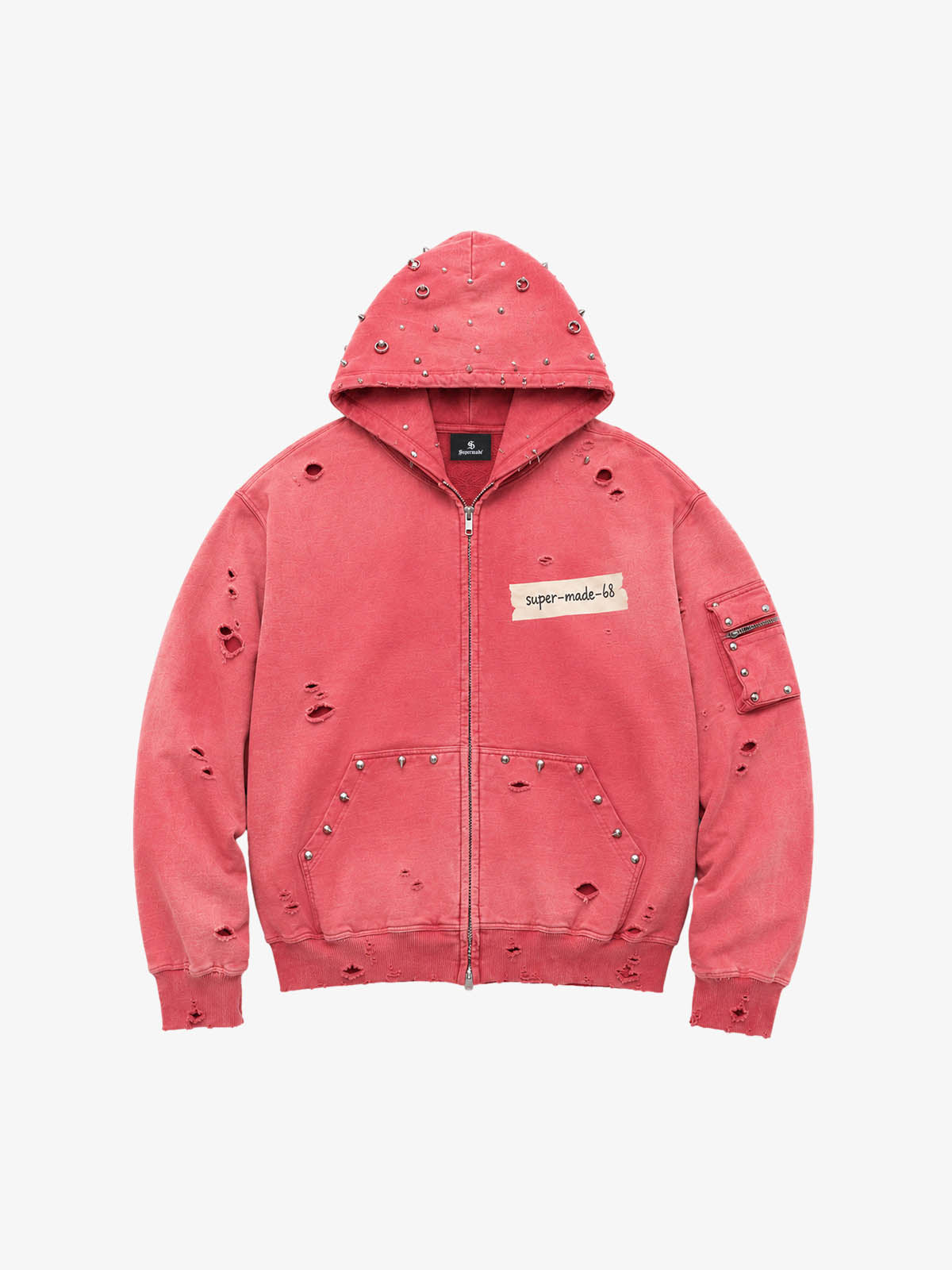 Studded Distressed Zip Hoodie