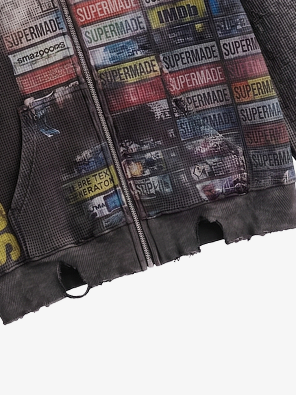 Distressed Multi-Label Zip-Up Hoodie