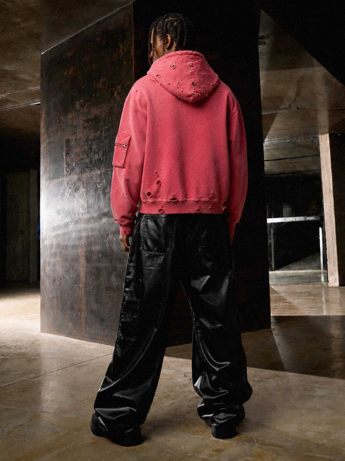 Studded Distressed Zip Hoodie
