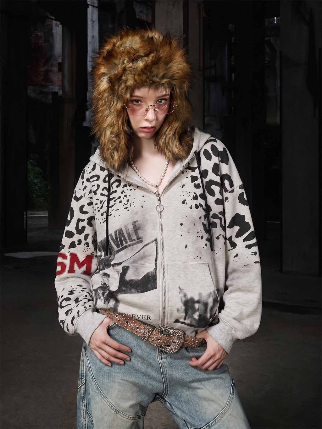 Leopard Logo Appliqué Distressed Hoodie