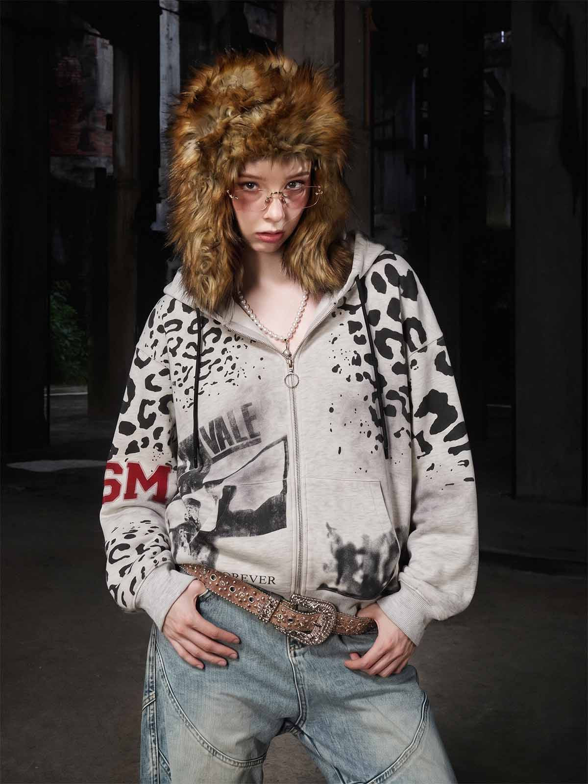 Leopard Logo Appliqué Distressed Hoodie