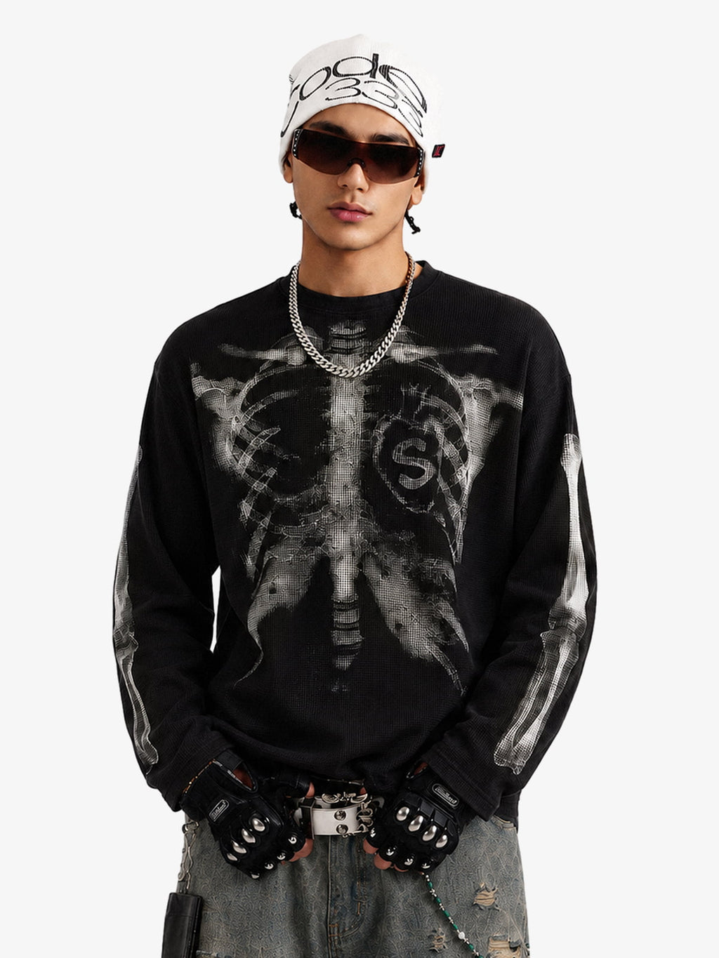 Skeleton Graphic Waffle Sweatshirt - 2495