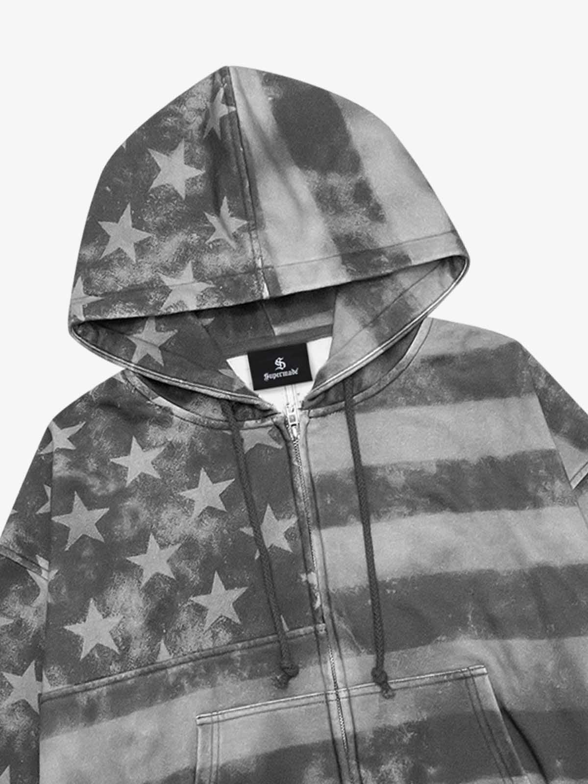 Distressed Star Stripe Graphic Zip-Up Hoodie