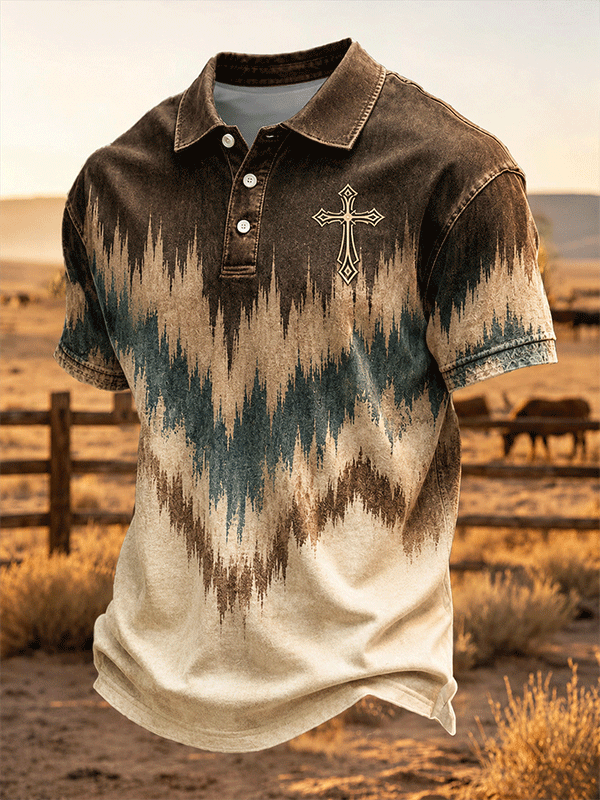 Men Aztec Wave Cross Embroidery Vintage Washed Polo Shirt