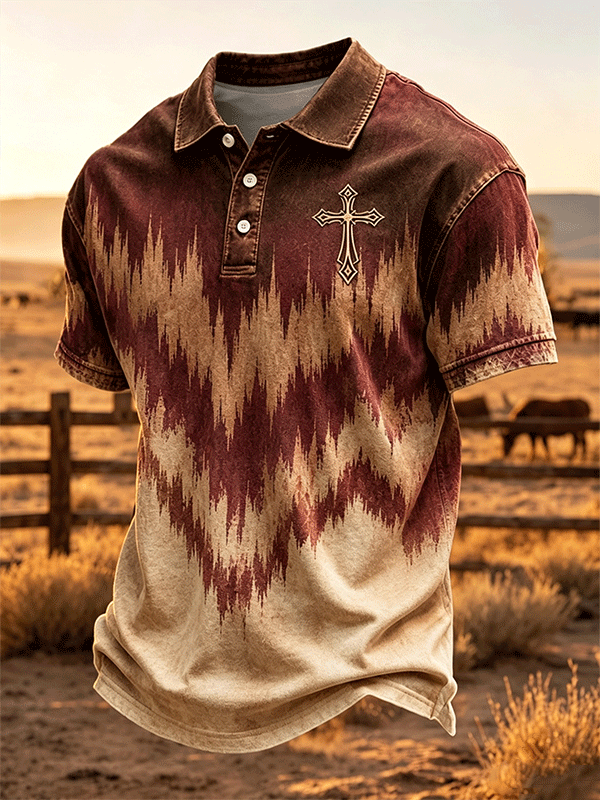 Men Aztec Wave Cross Embroidery Vintage Washed Polo Shirt