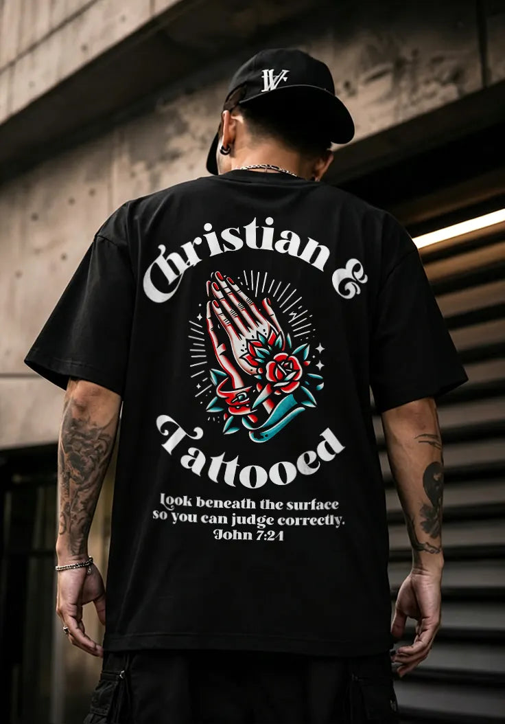 Christian And Tattooed Praying Hands Rose Bible Verse Printed Men's T-shirt