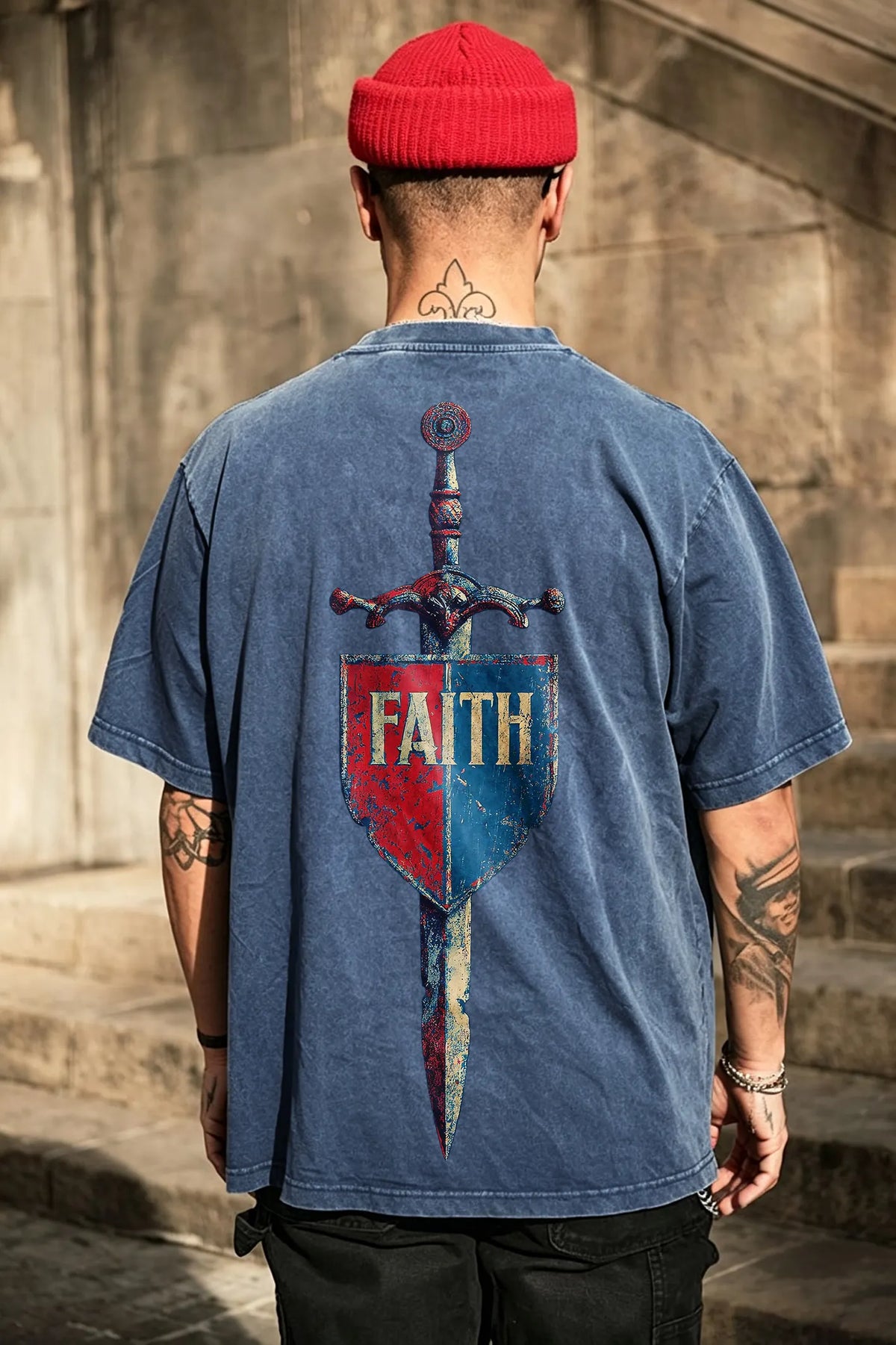 Faith Sword Shield Vintage Printed Men's Washed Tee