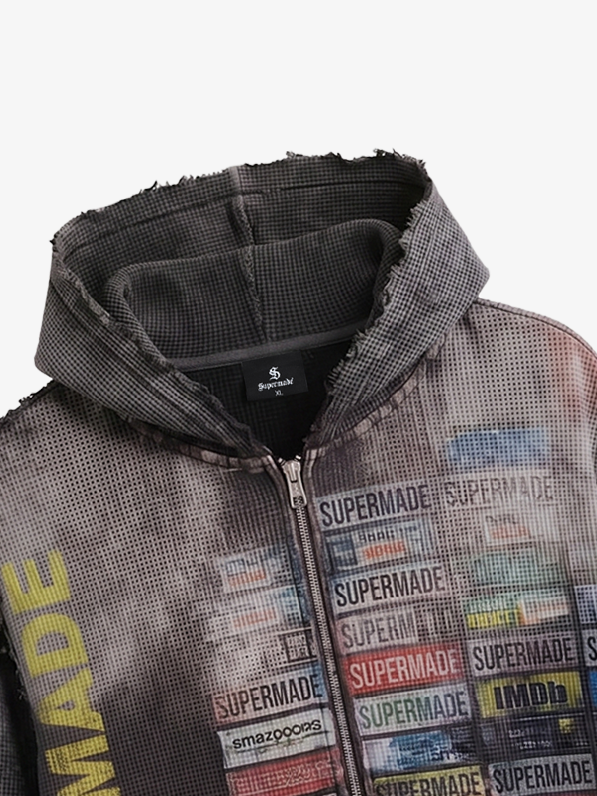 Distressed Multi-Label Zip-Up Hoodie