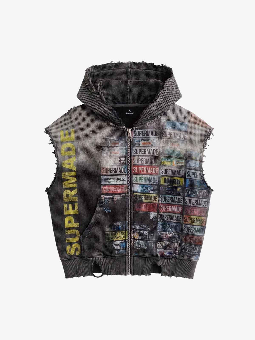 Distressed Multi-Label Graphic Sleeveless Zip Hoodie - 2641