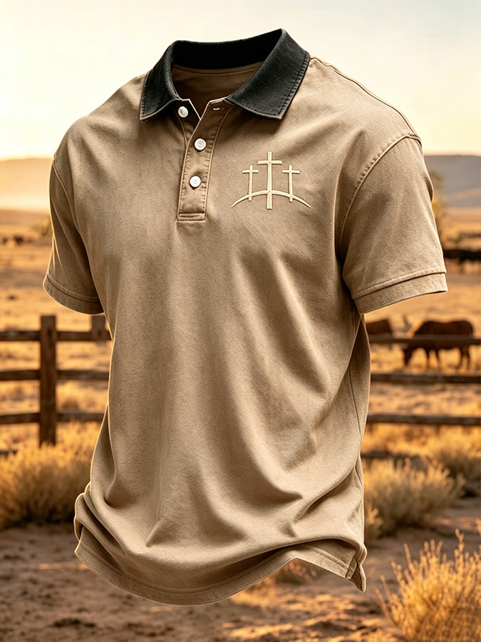Men'S Western Cross Print Polo Shirt