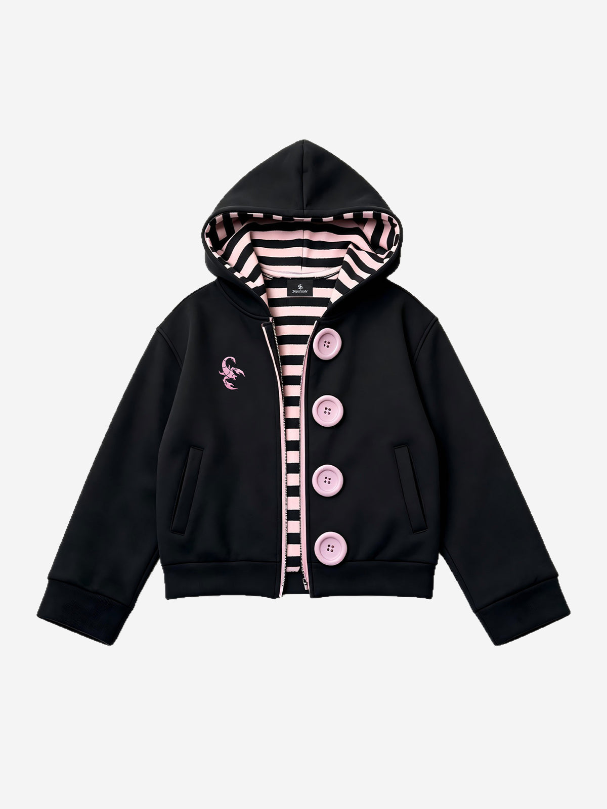 Scorpion Embroidered Striped-Lining Button-Up Hoodie