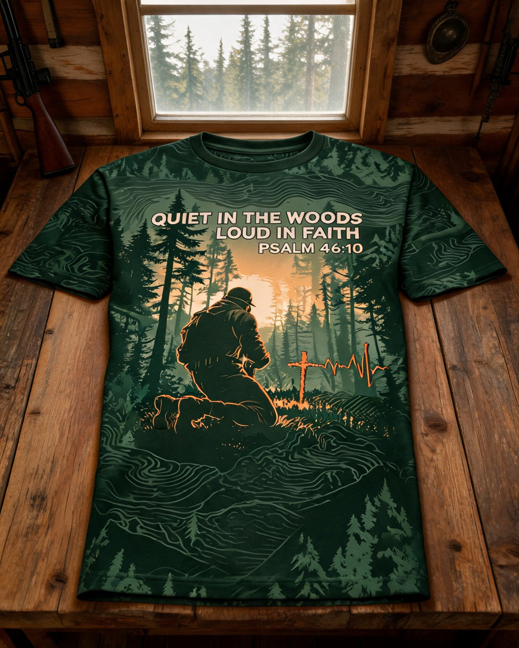 Christian Hunting Shirt Quiet In The Woods Loud In Faith Psalm 46 AOP T-shirt