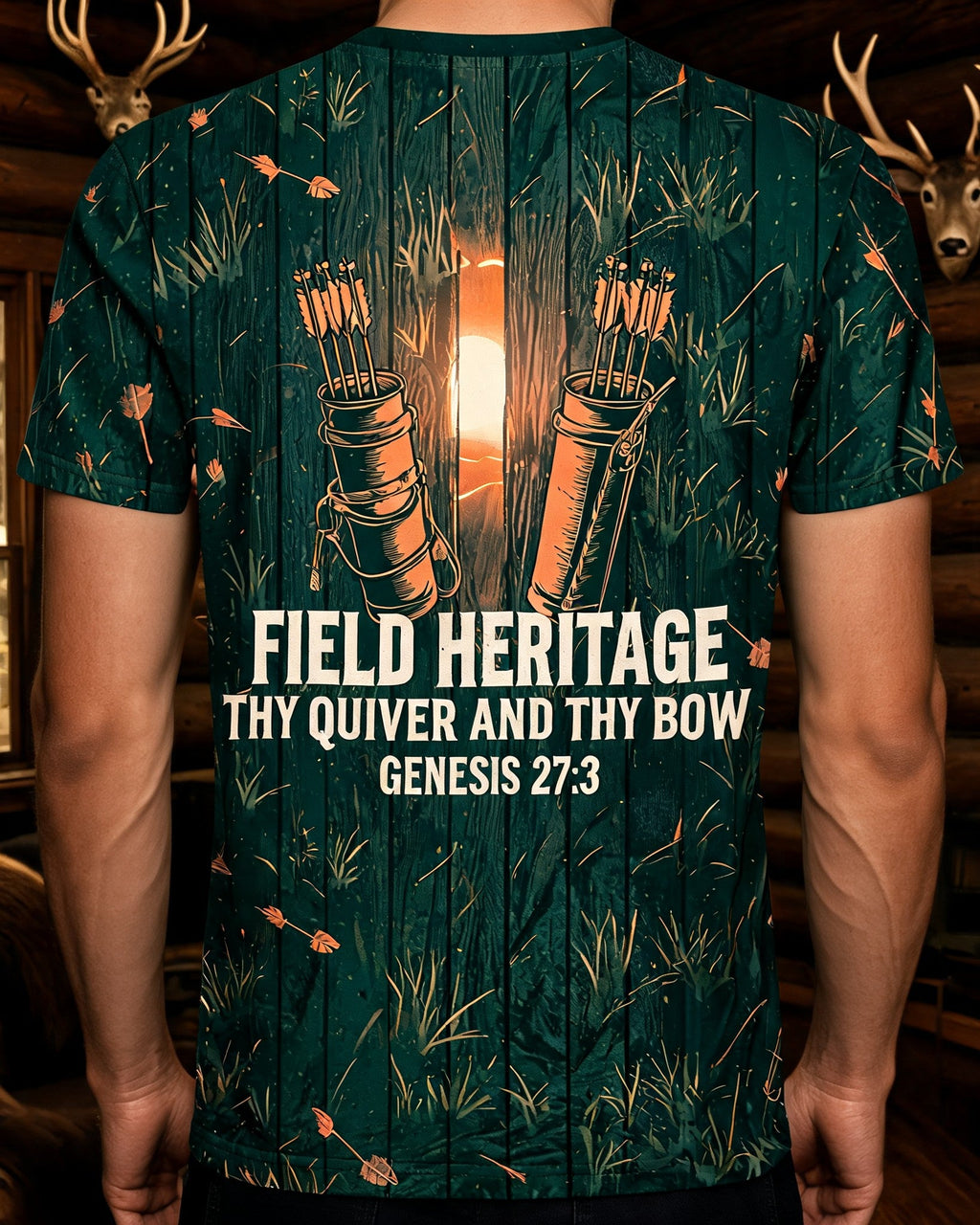 Christian Hunting Gift For Dad Father Son Church Men Field Heritage Genesis 27 AOP T-shirt