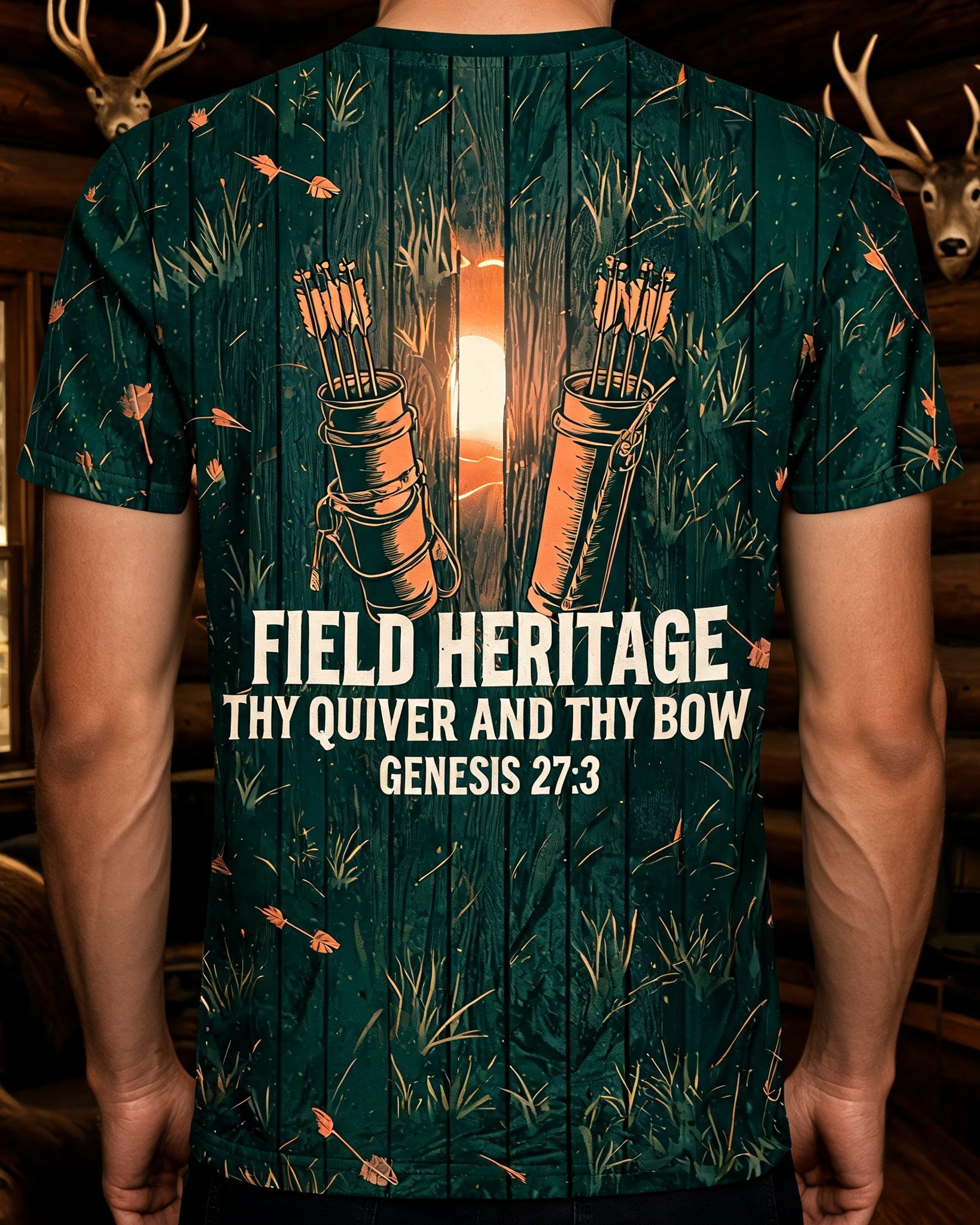 Christian Hunting Gift For Dad Father Son Church Men Field Heritage Genesis 27 AOP T-shirt