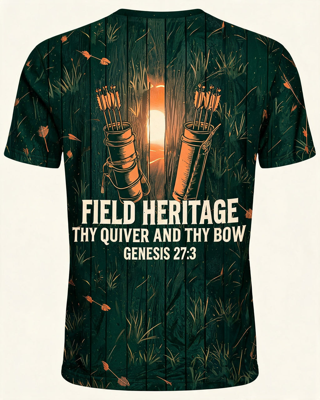 Christian Hunting Gift For Dad Father Son Church Men Field Heritage Genesis 27 AOP T-shirt