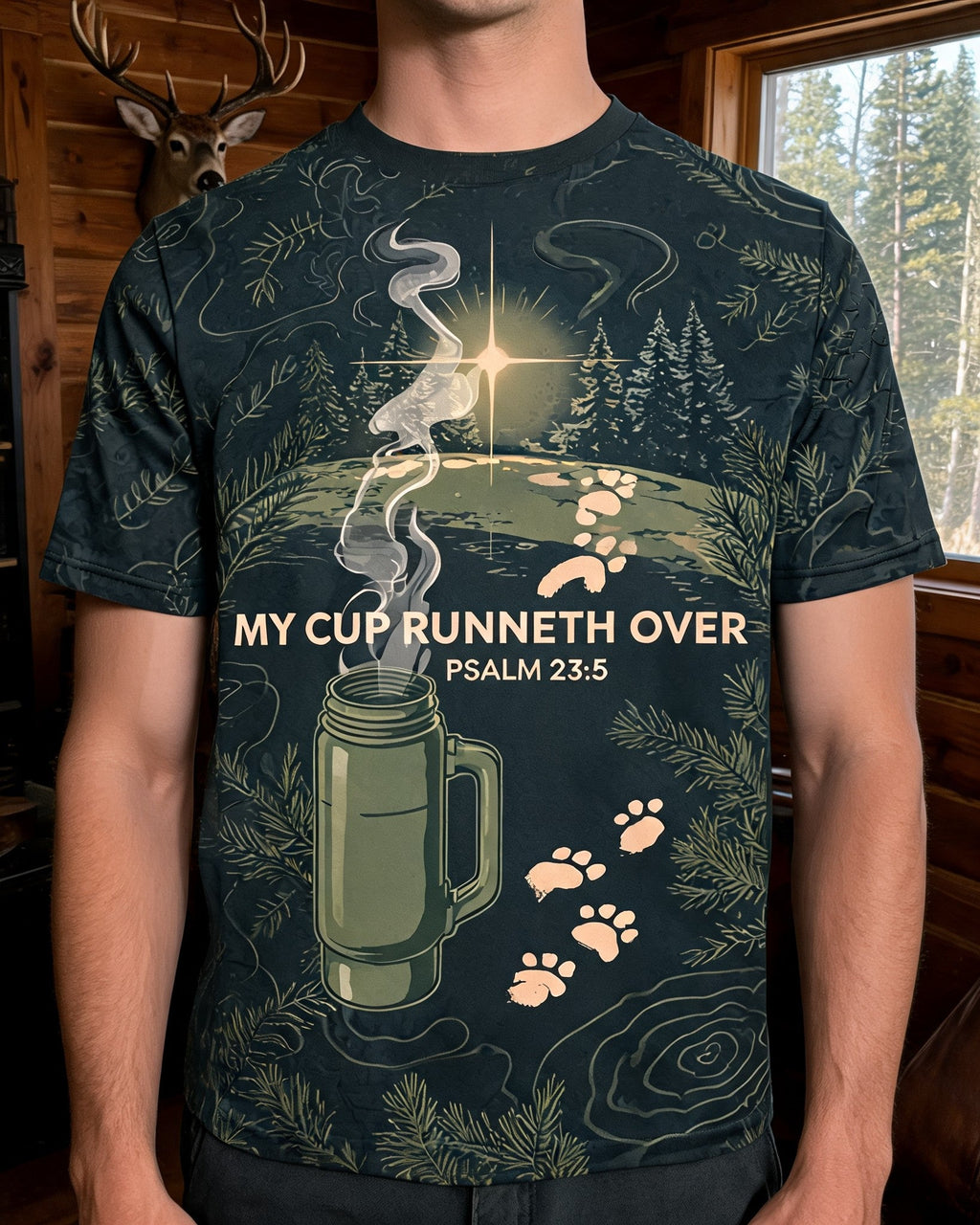 Christian Hunting Shirt My Cup Runneth Over Psalm 23 AOP T-shirt
