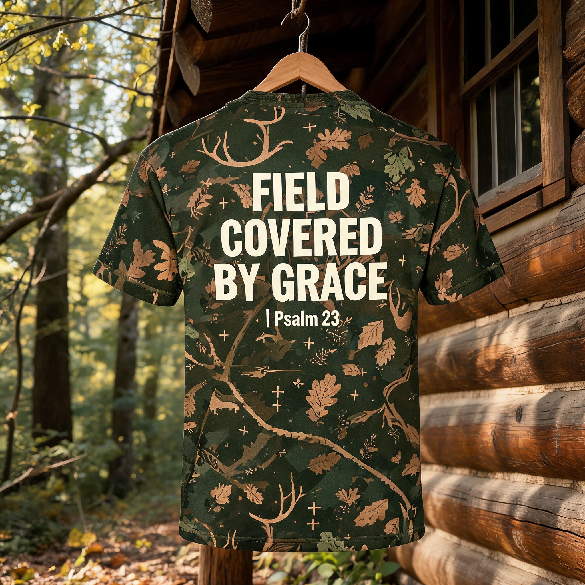 Christian Shirt Camo Field Covered By Grace AOP Tee