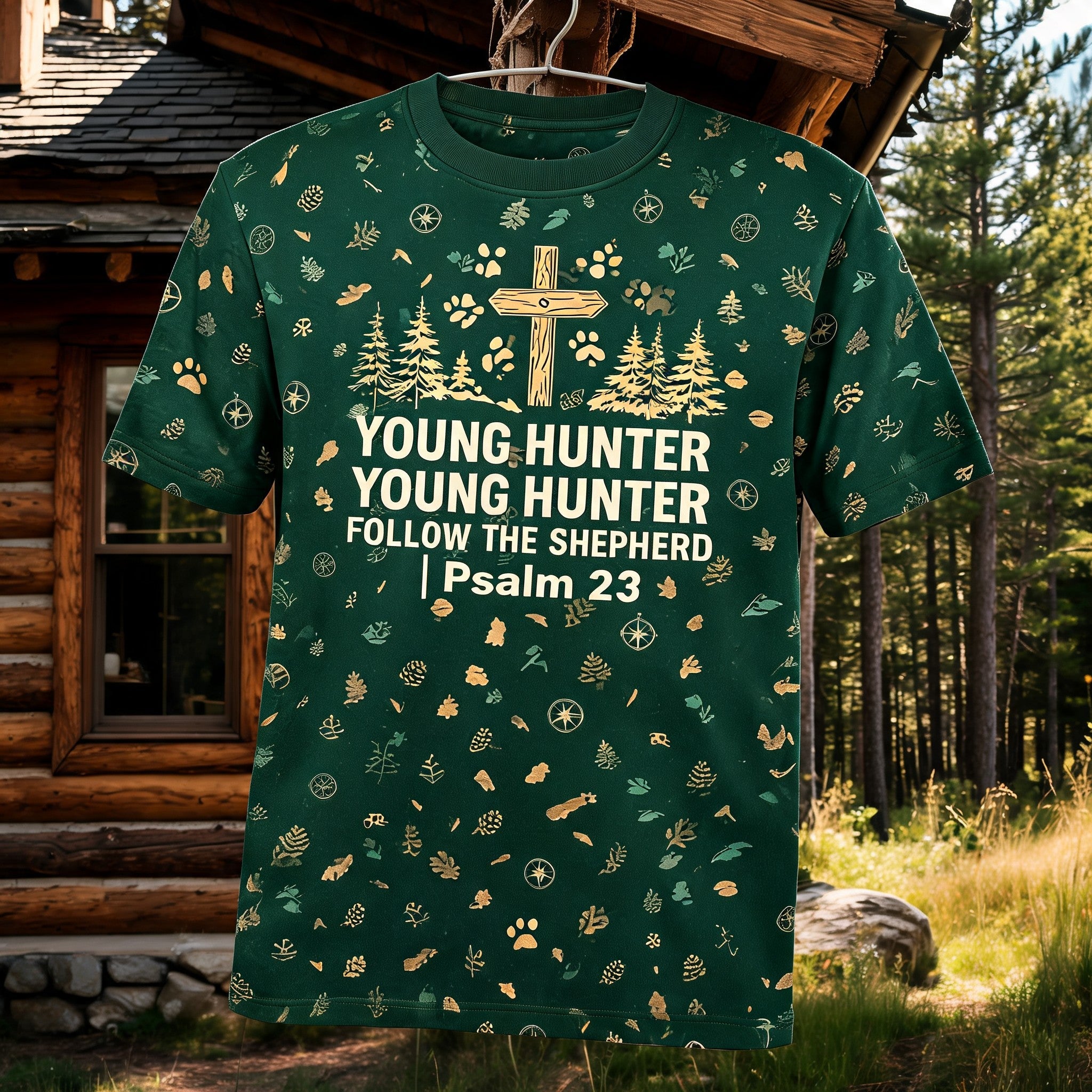 Christian Hunting Shirt Young Hunter Follow The Shepherd AOP Tee