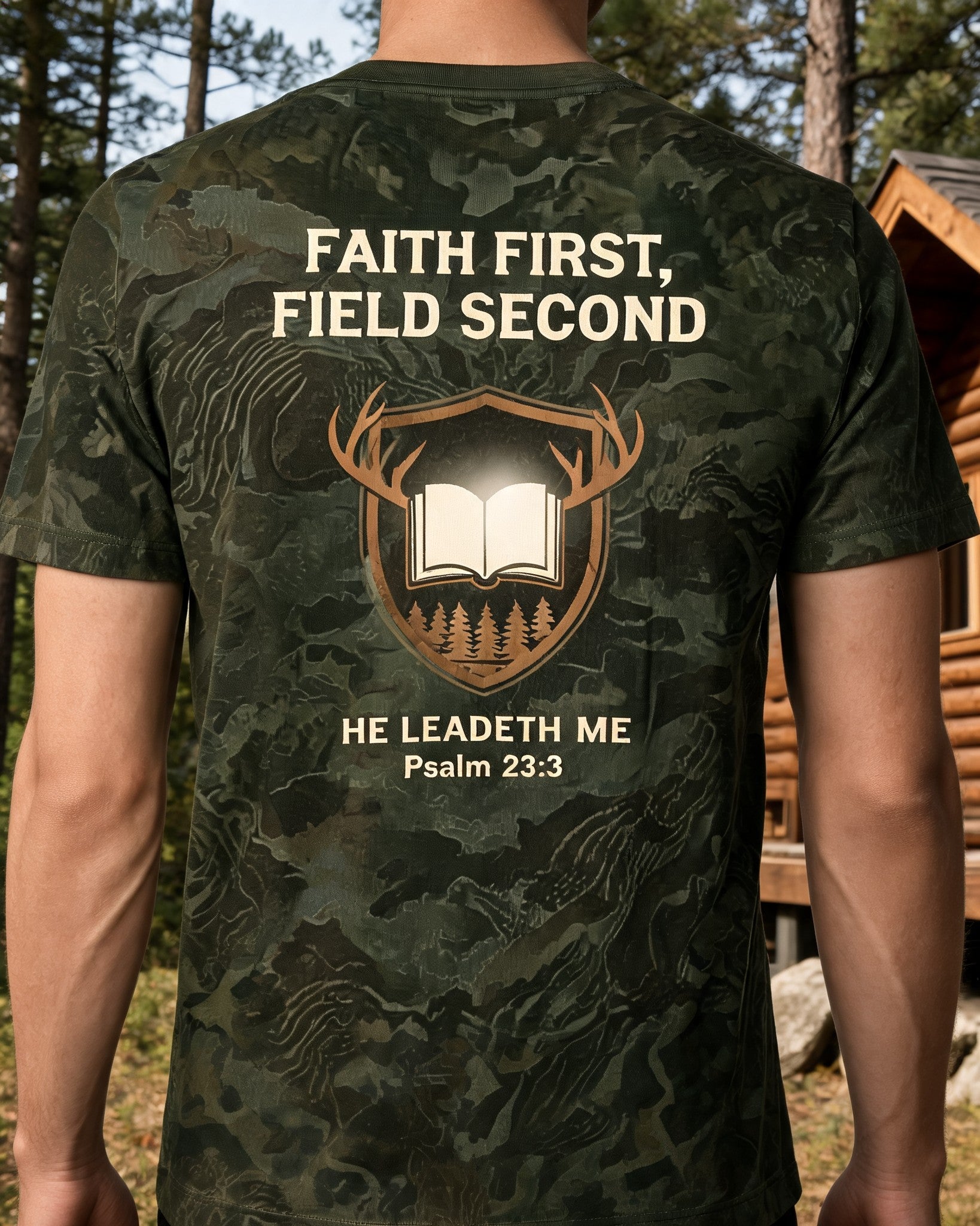 Christian Hunting Shirt Faith First Field Second Psalm 23 AOP Tee