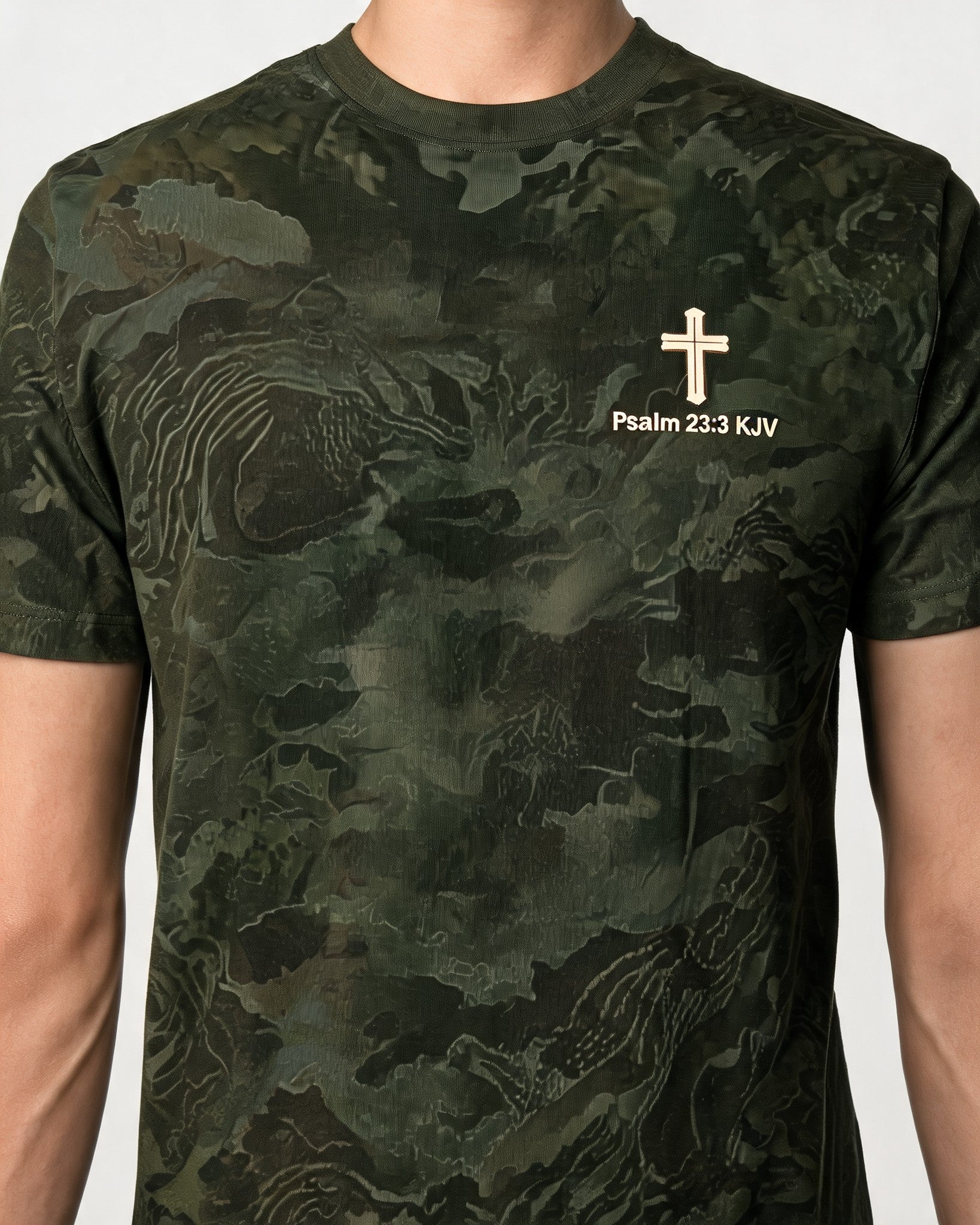 Christian Hunting Shirt Faith First Field Second Psalm 23 AOP Tee