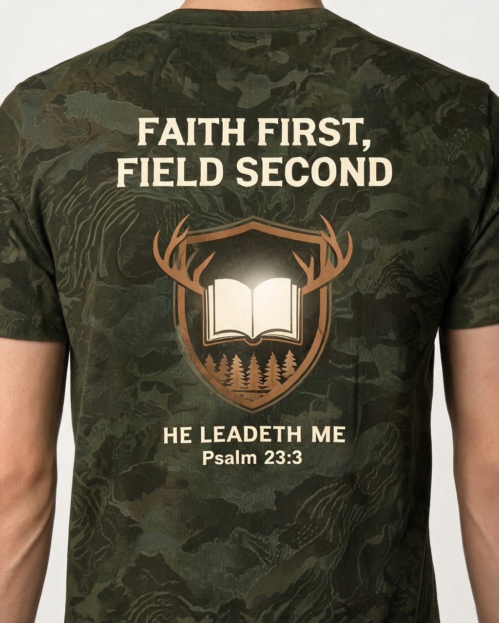 Christian Hunting Shirt Faith First Field Second Psalm 23 AOP Tee