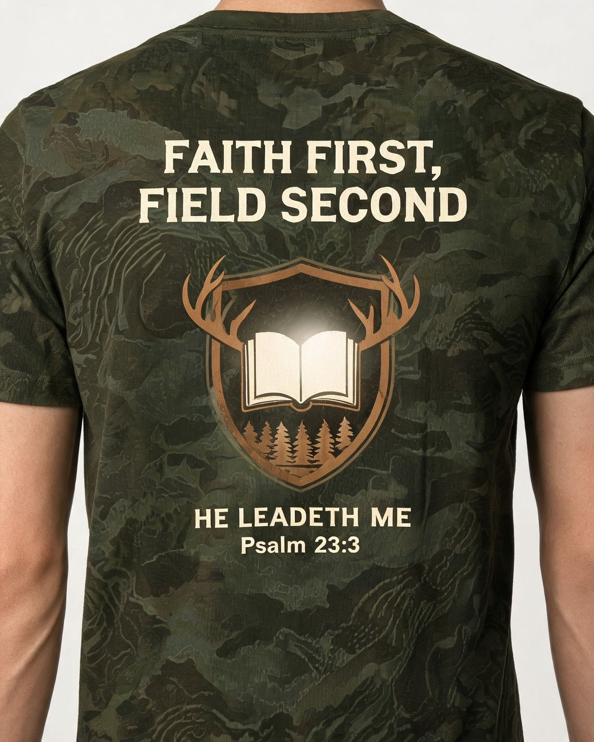 Christian Hunting Shirt Faith First Field Second Psalm 23 AOP Tee