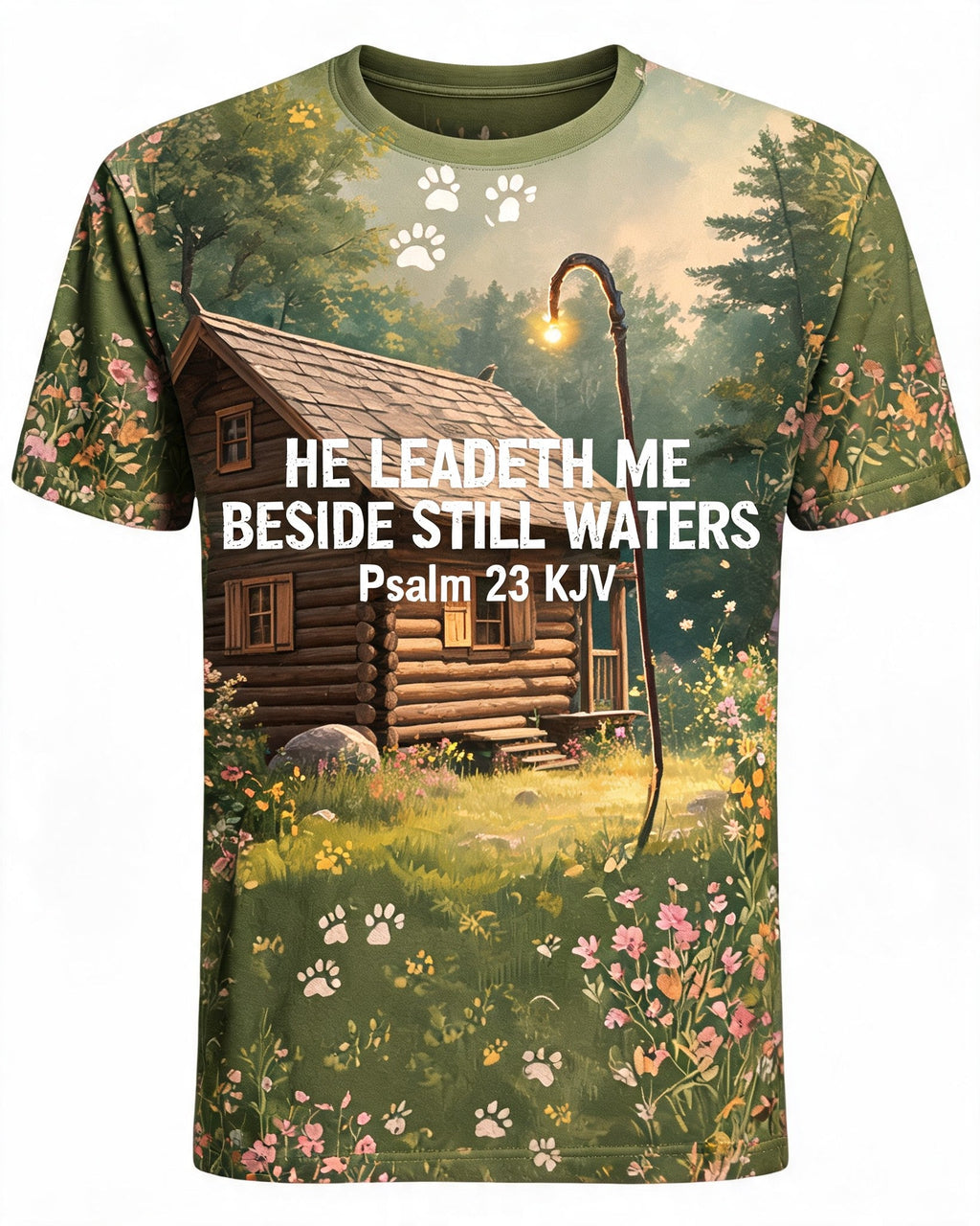 Cute Christian Shirts For Women He Leadeth Me Hunting AOP Tee