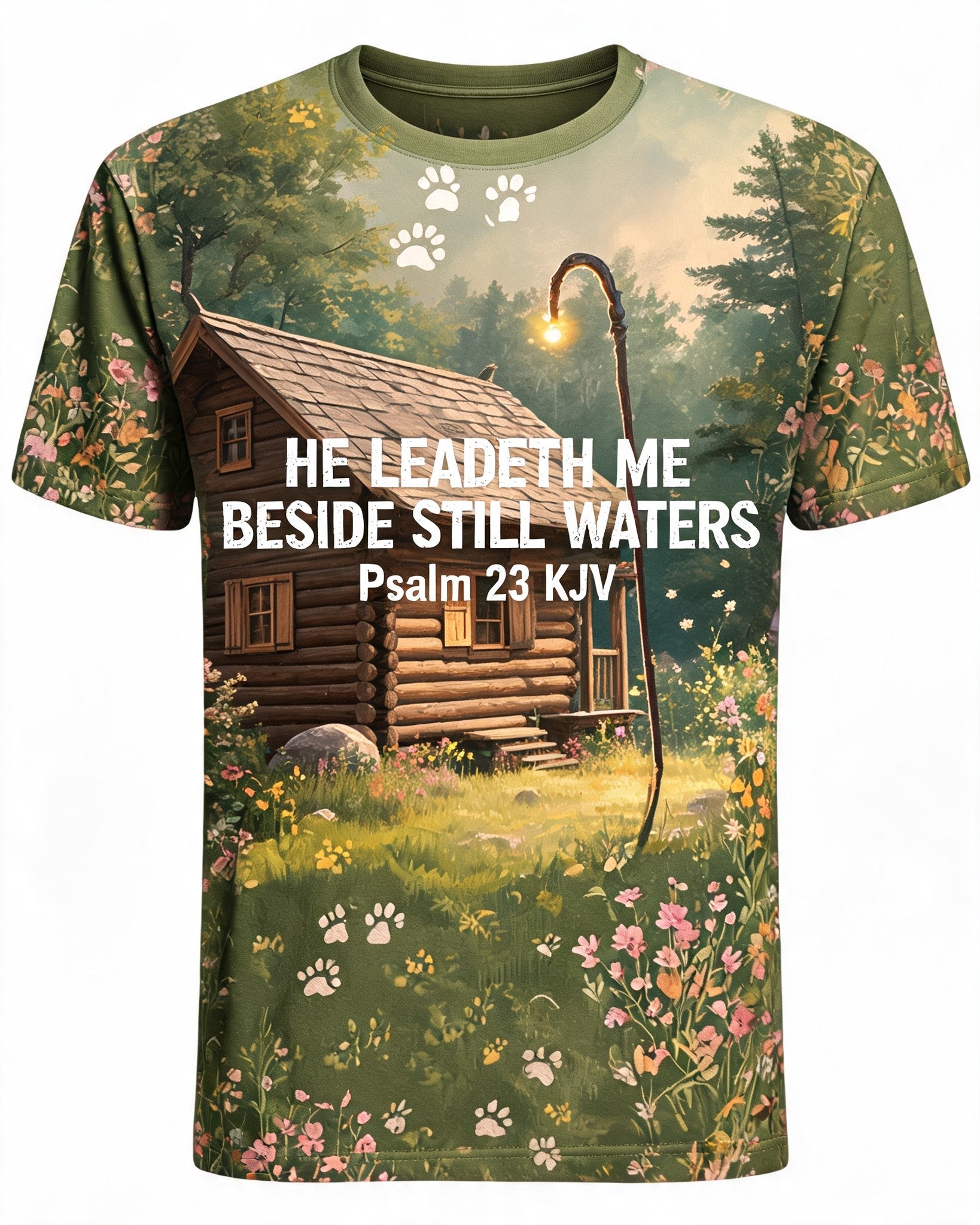 Cute Christian Shirts For Women He Leadeth Me Hunting AOP Tee