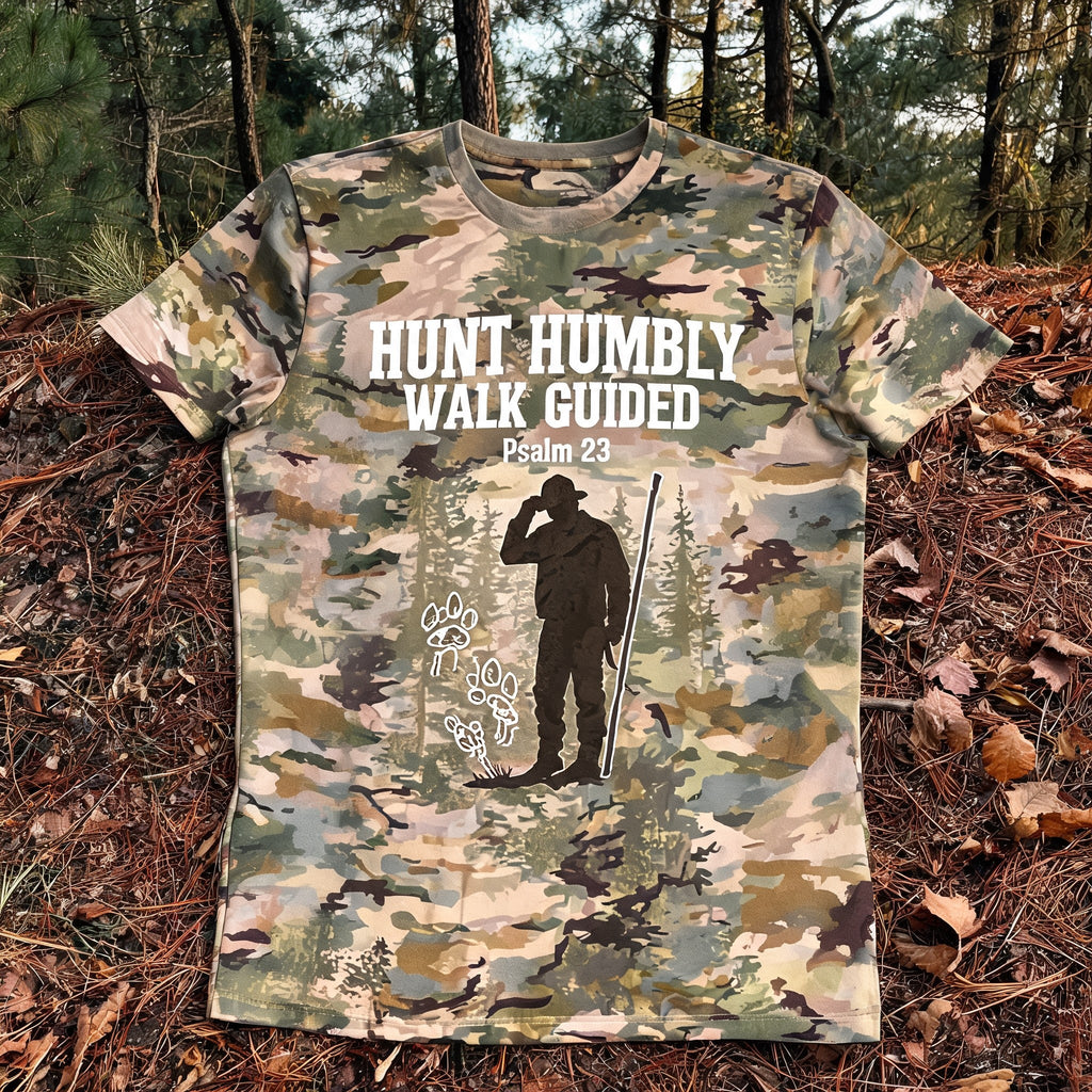 Christian Hunting Shirts For Men - Hunt Humbly Walk Guided Short Sleeve AOP T-shirt