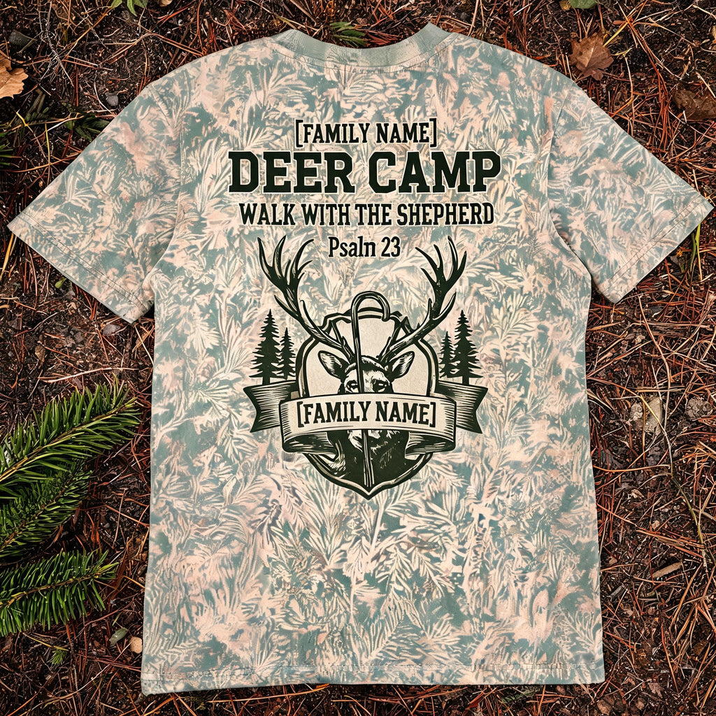 Christian Hunting Shirts For Men - Custom Name Deer Camp Faith Short Sleeve AOP T-shirt