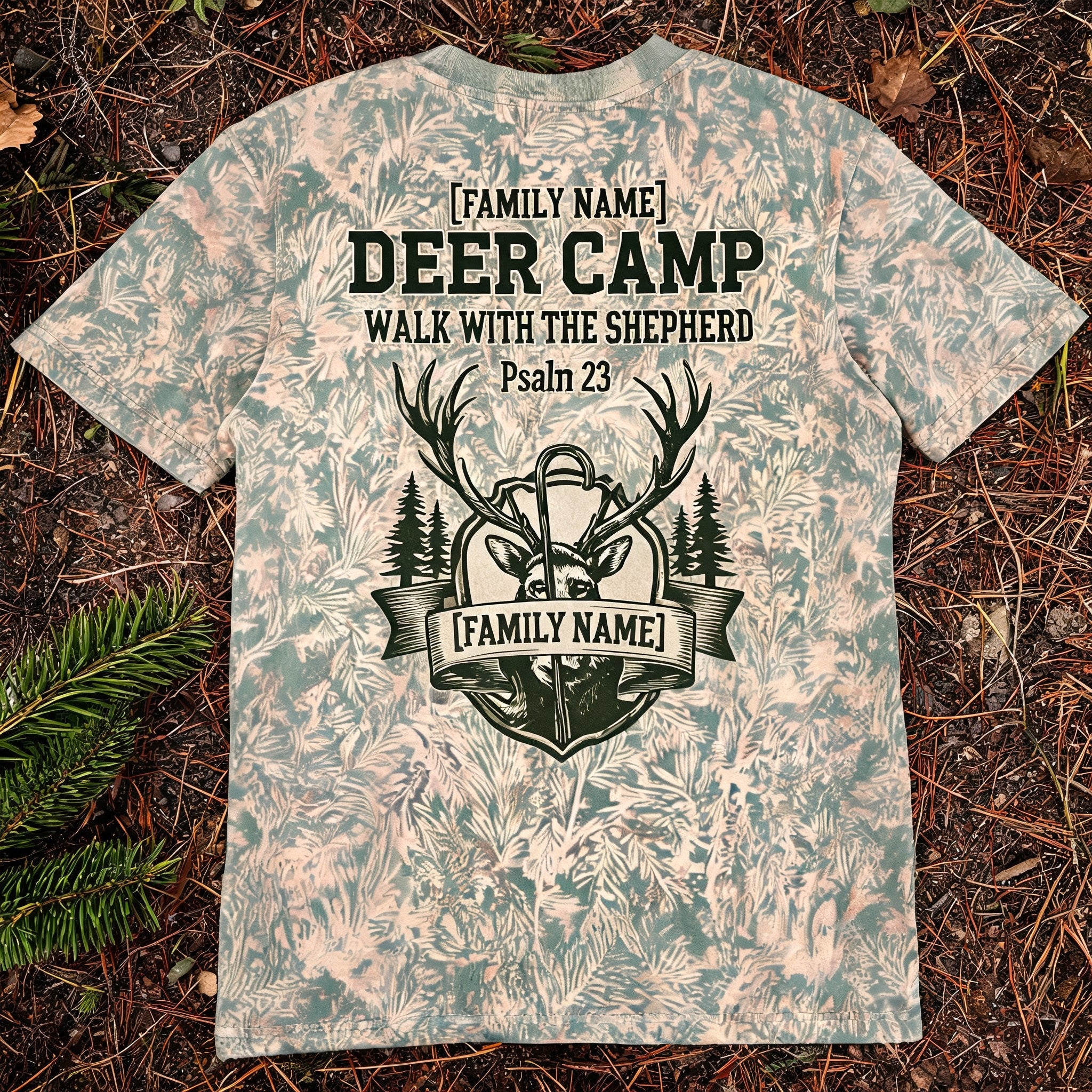 Christian Hunting Shirts For Men - Custom Name Deer Camp Faith Short Sleeve AOP T-shirt