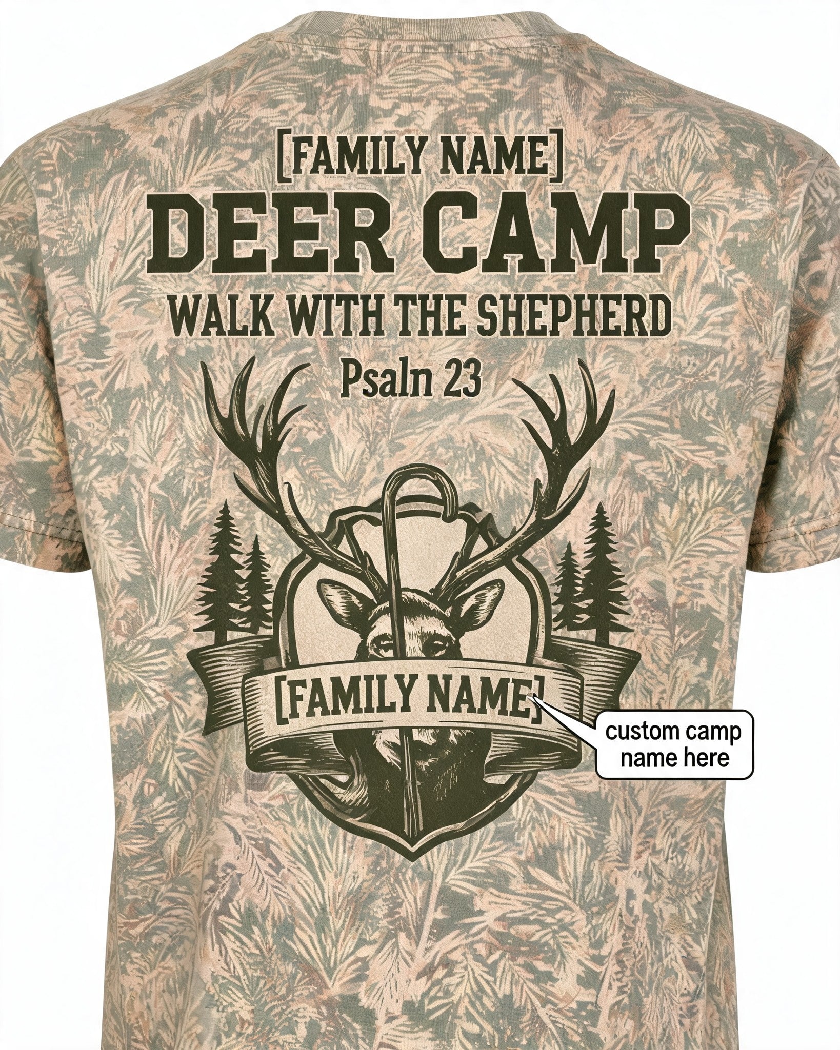 Christian Hunting Shirts For Men - Custom Name Deer Camp Faith Short Sleeve AOP T-shirt