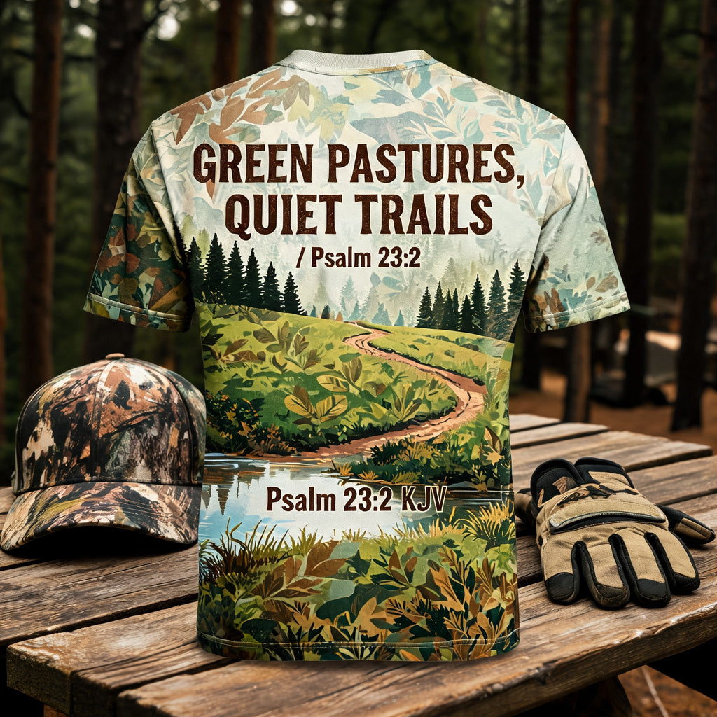 Green Pastures Quiet Trails Christian Hunting Shirt Short Sleeve AOP T-shirt