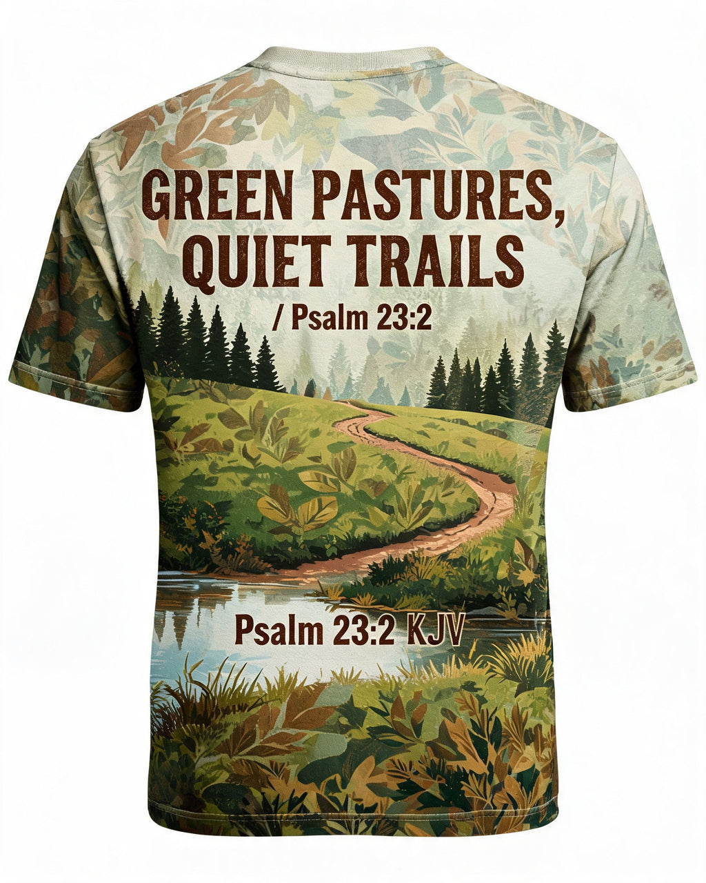 Green Pastures Quiet Trails Christian Hunting Shirt Short Sleeve AOP T-shirt