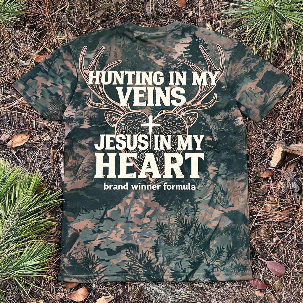 Christian Hunting Shirt - Hunting In My Veins Jesus In My Heart Refresh Short Sleeve AOP T-shirt