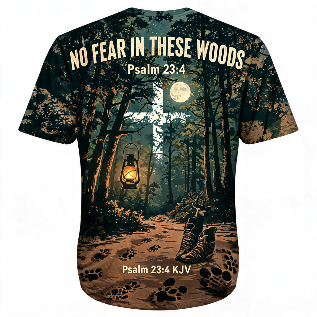 Christian Hunting Shirt - No Fear In These Woods Short Sleeve AOP T-shirt