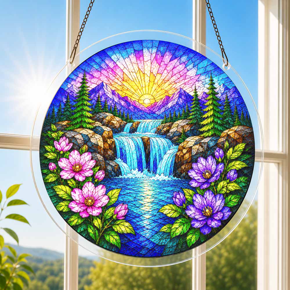 Acrylic Jigsaw Puzzle Suncatcher - Sunrise Waterfall