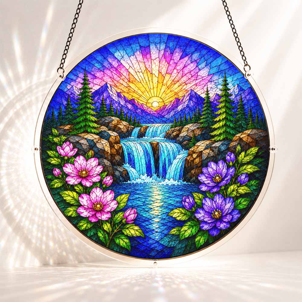 Acrylic Jigsaw Puzzle Suncatcher - Sunrise Waterfall