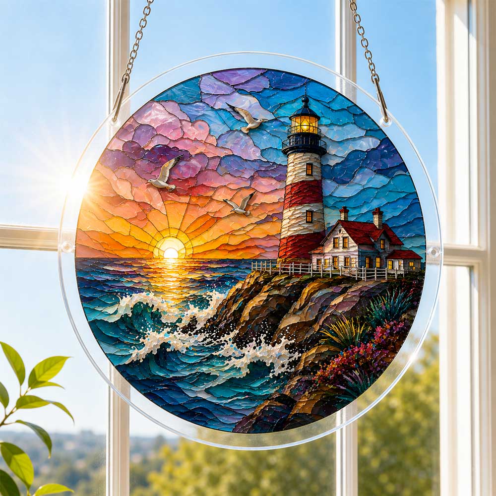 Acrylic Jigsaw Puzzle Suncatcher - Sunset Lighthouse