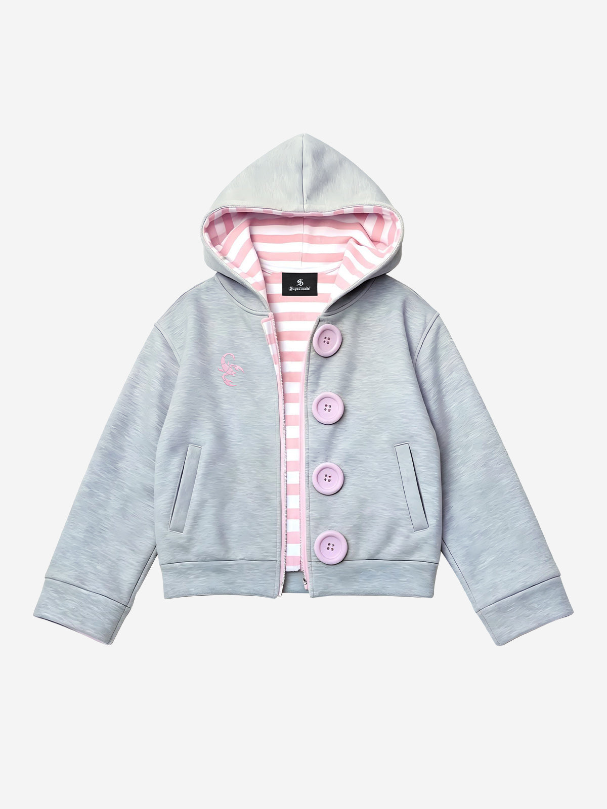 Scorpion Embroidered Striped-Lining Button-Up Hoodie