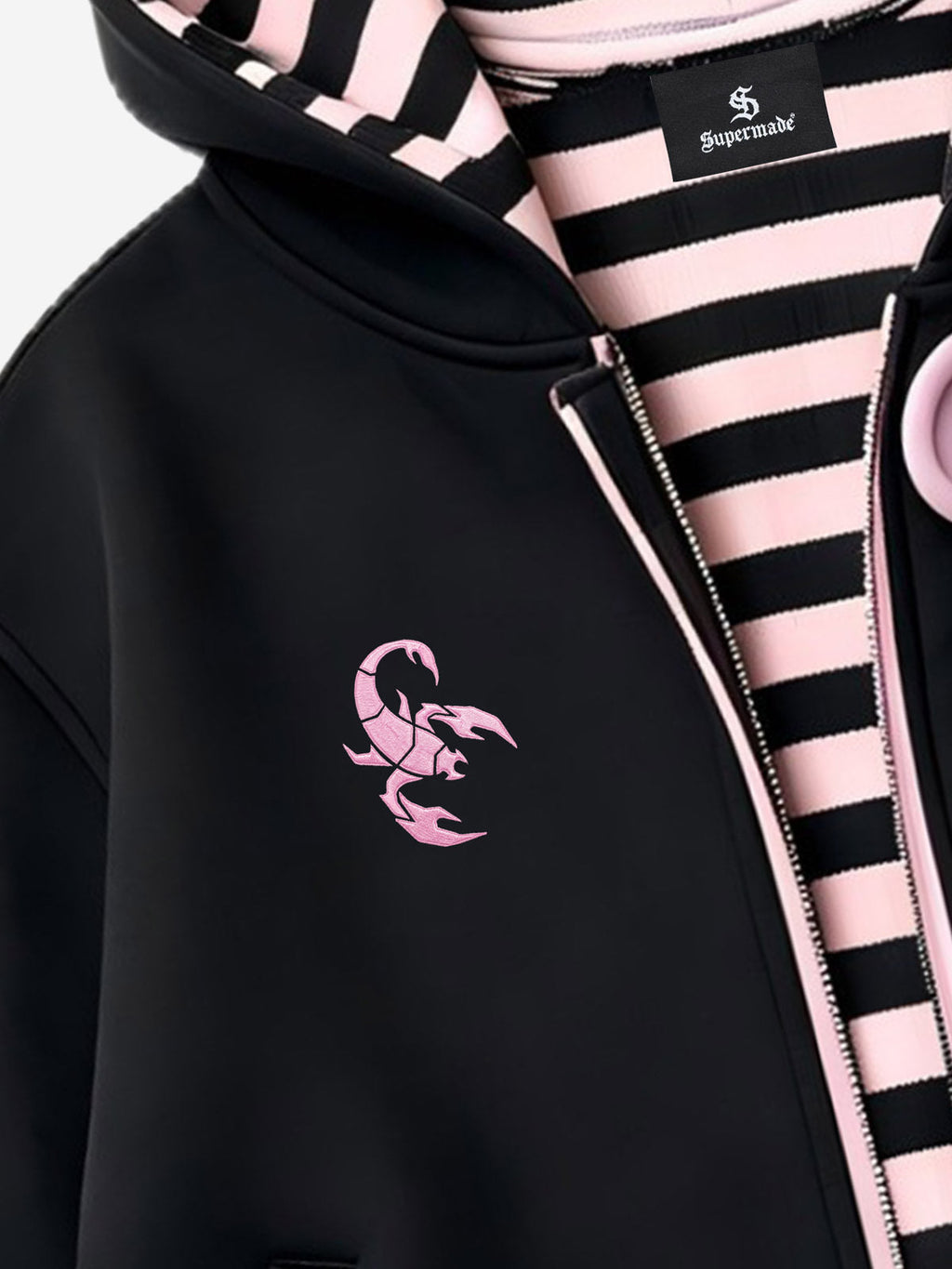 Scorpion Embroidered Striped-Lining Button-Up Hoodie