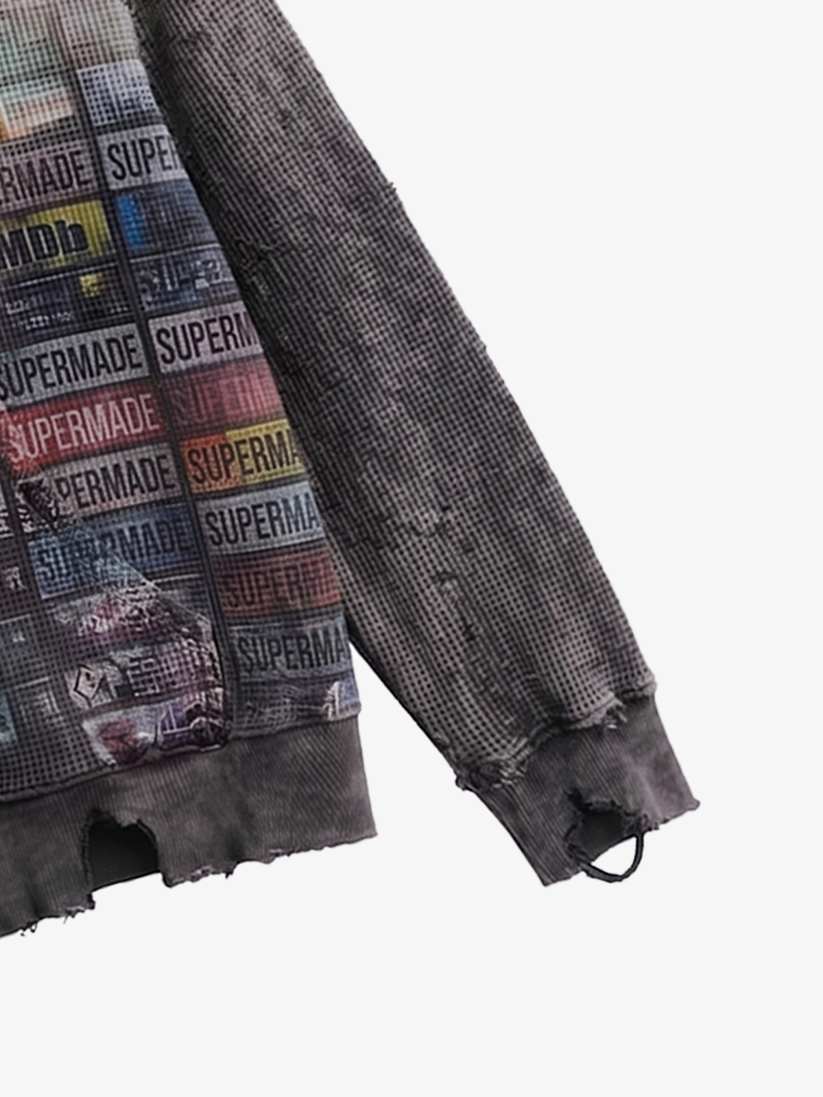Distressed Multi-Label Zip-Up Hoodie