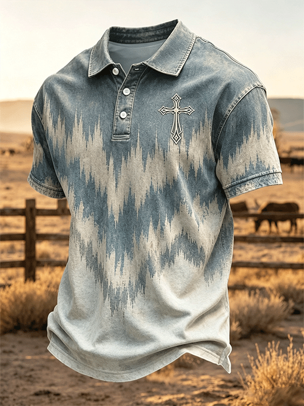 Men Aztec Wave Cross Embroidery Vintage Washed Polo Shirt