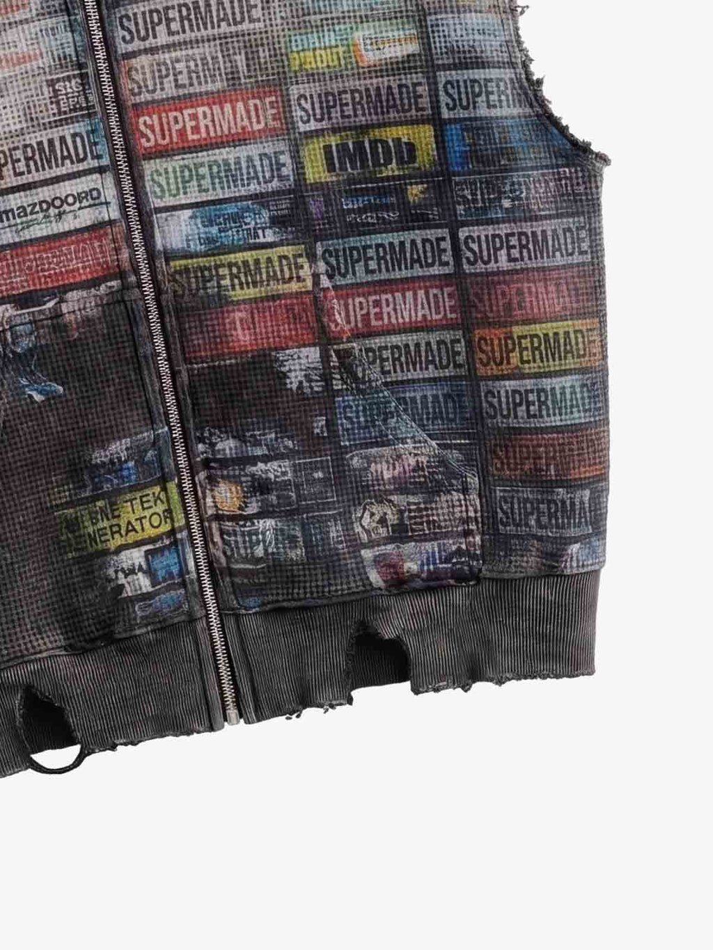 Distressed Multi-Label Graphic Sleeveless Zip Hoodie - 2641