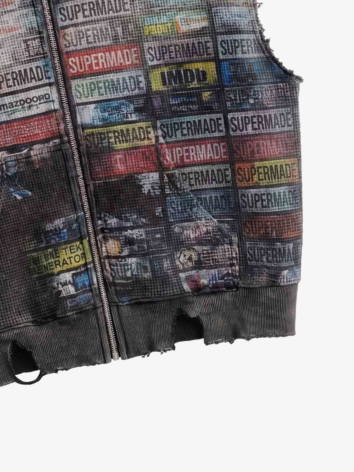 Distressed Multi-Label Graphic Sleeveless Zip Hoodie - 2641