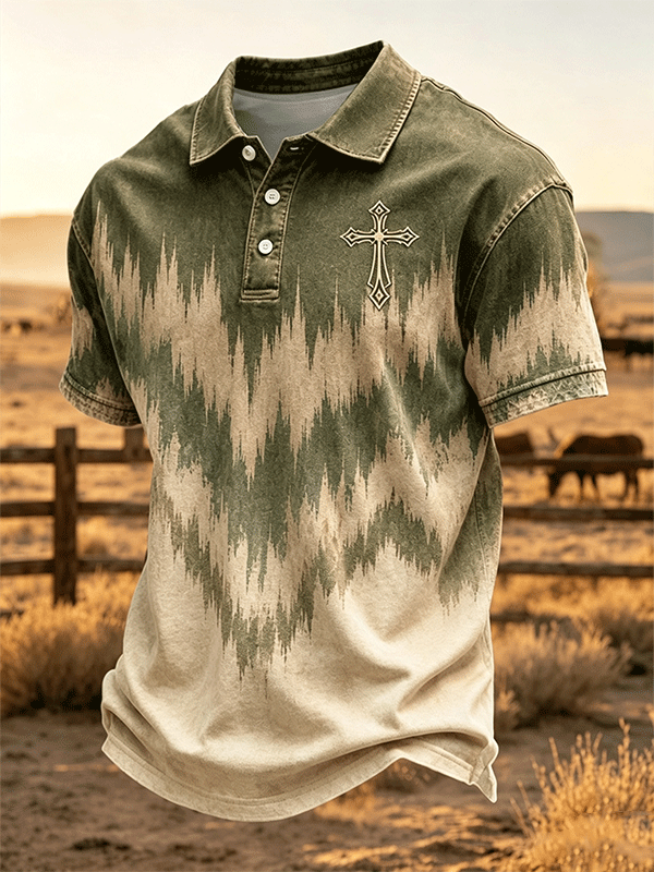 Men Aztec Wave Cross Embroidery Vintage Washed Polo Shirt